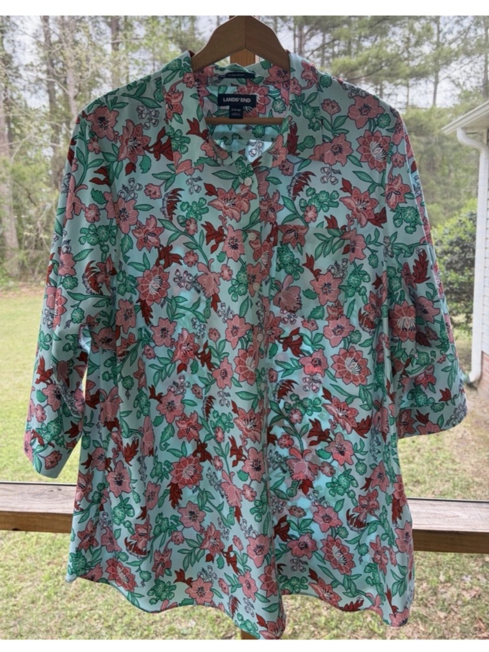 Lands End No Iron Supima Button Up Shirt Women's Size 24W Blue Floral Cotton